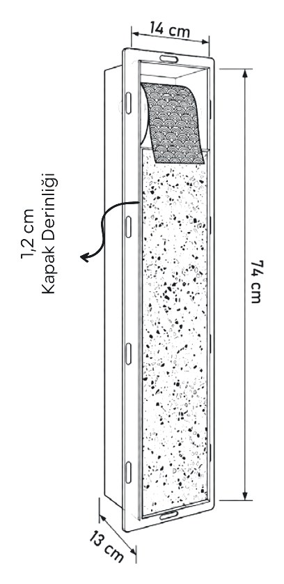 Dentro Latent teknik çizimi ve ölçüleri (14 × 74 × 13 cm (+2 cm çerçeve))
