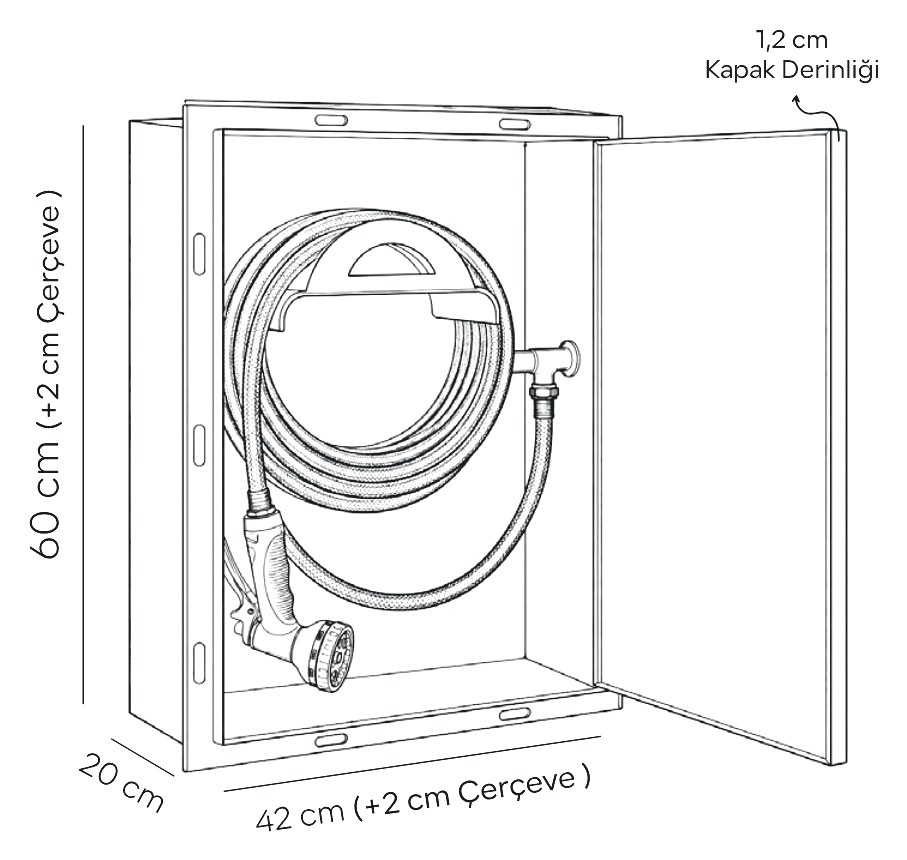 Interno Latent teknik çizimi ve ölçüleri (42 × 60 × 20 cm (+2 cm çerçeve))