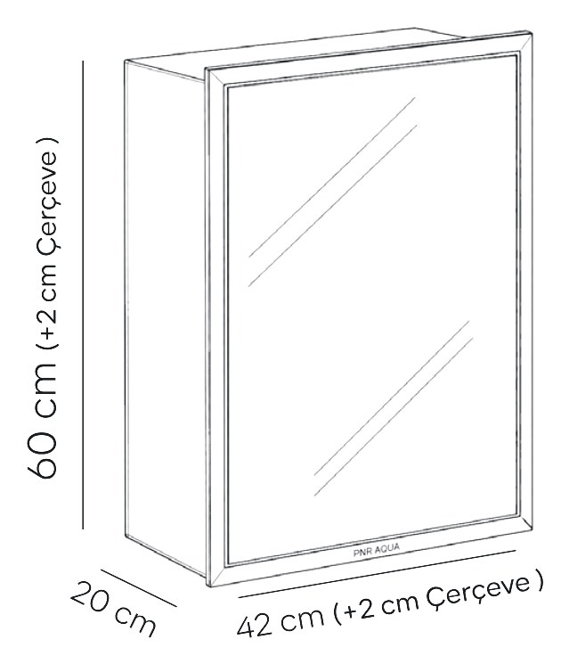 Interno teknik çizimi ve ölçüleri (42 × 60 × 20 cm (+2 cm çerçeve))