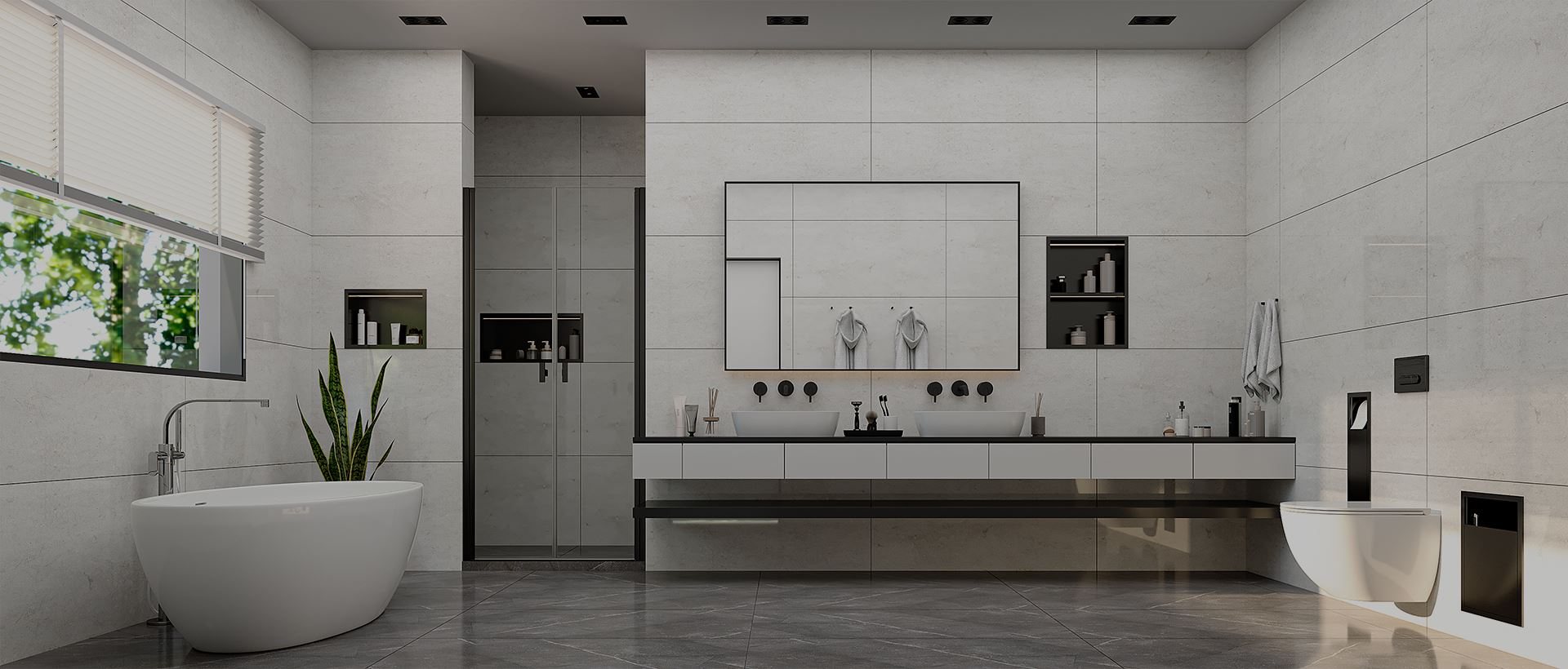 Light-toned bathroom with Form series products: LED-lit niches on the shower, bathtub and washbasin walls, and a black toilet roll cabinet and waste bin beside the WC