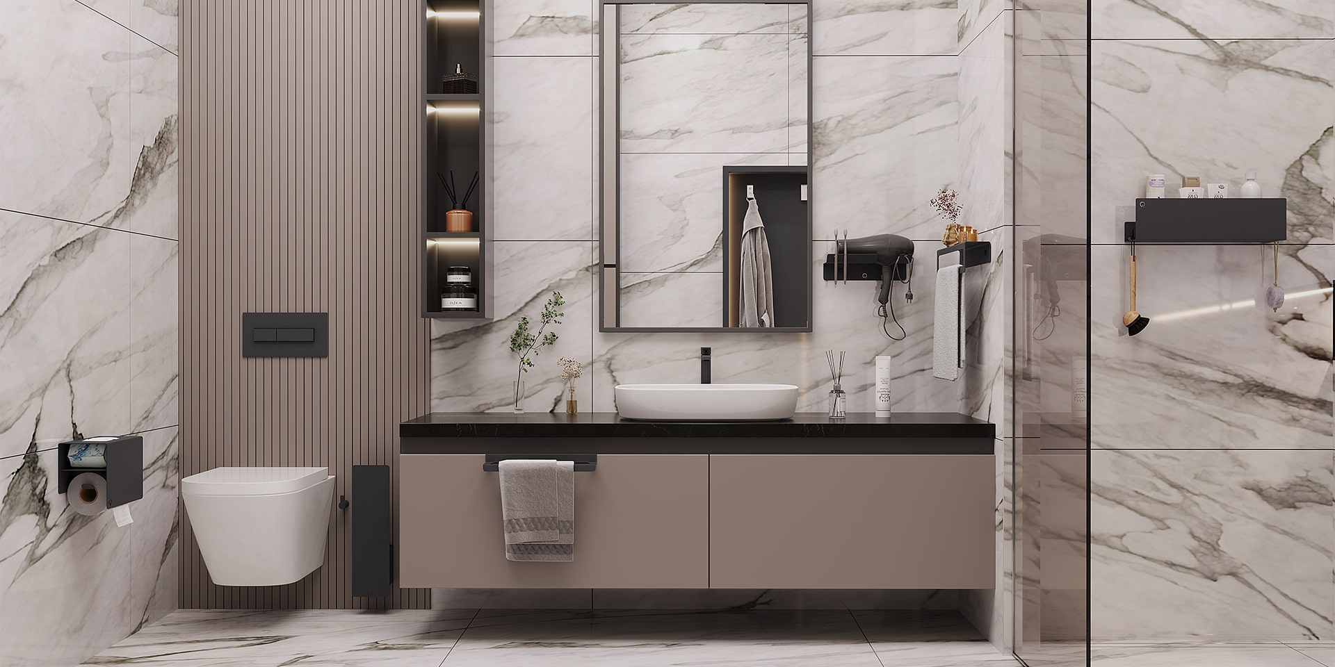 Light-colored bathroom with Noble series wall-mounted accessories used together