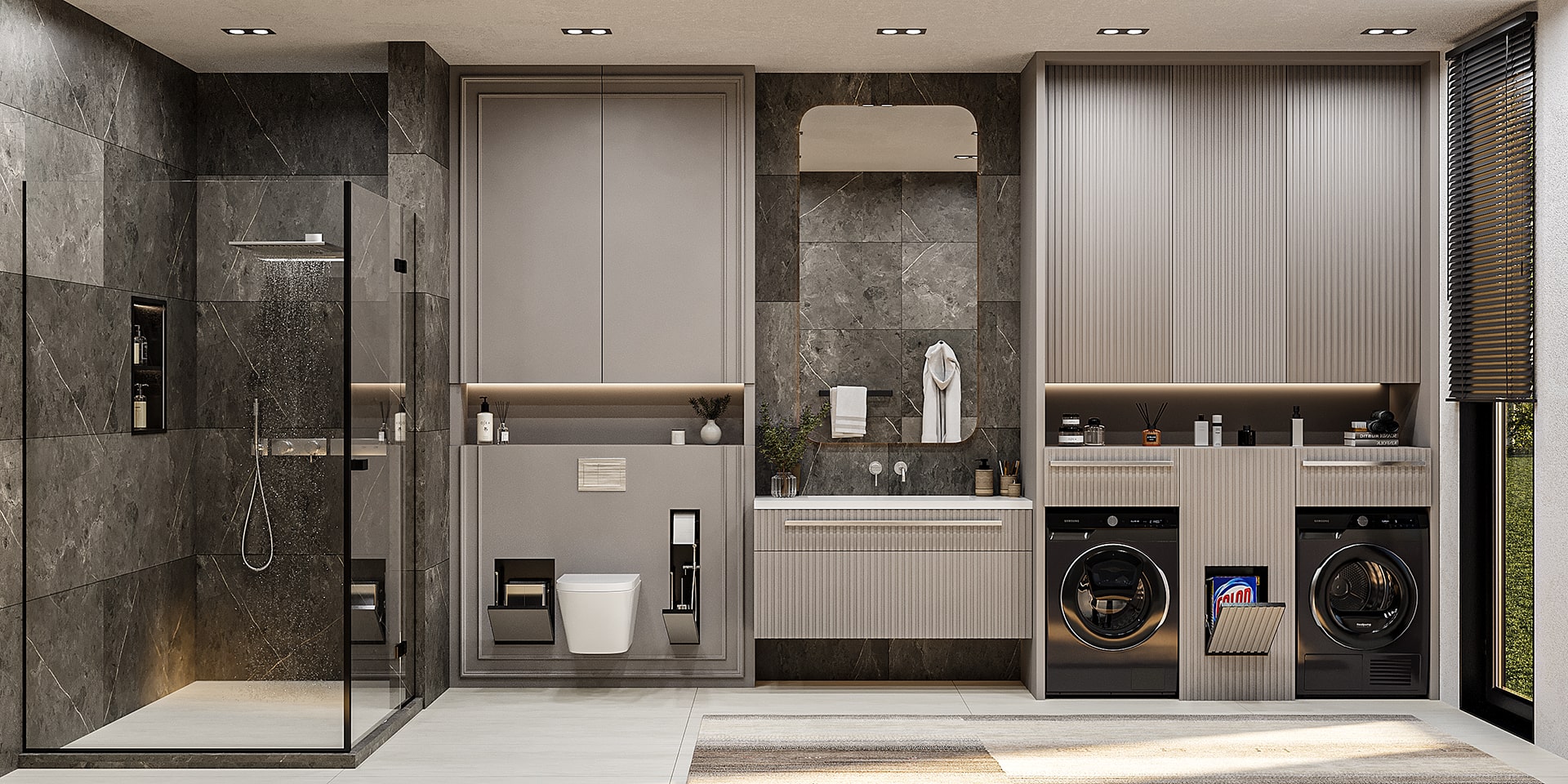 Bathroom with Latent series products used together in the shower, WC, washbasin and laundry areas