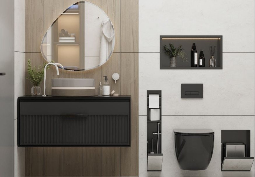Antrasit Form serisi ürünlerinin kullanıldığı banyo: duş nişi, kâğıt dolabı ve çöp kutusu