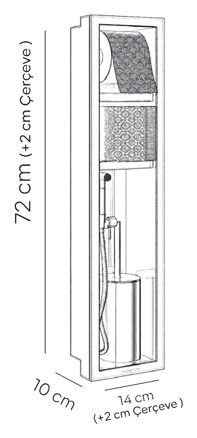 Lisse teknik çizimi ve ölçüleri (14 × 72 × 10 cm (+2 cm çerçeve))