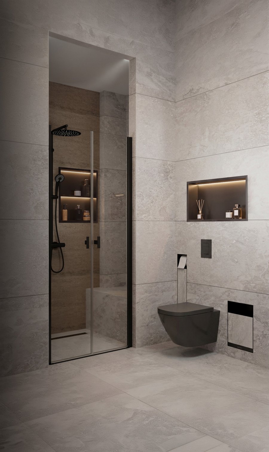 LED-lit niche in the shower area, with an anthracite toilet roll cabinet and a recessed waste bin beside the toilet