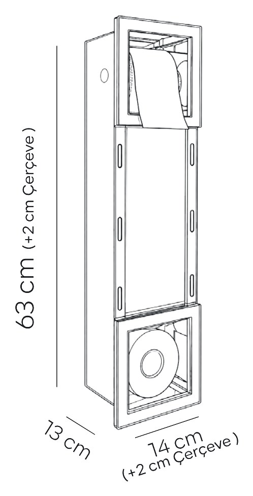 Riserva teknik çizimi ve ölçüleri (14 × 63 × 13 cm (+2 cm çerçeve))