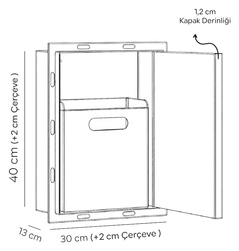 Vento Latent teknik çizimi ve ölçüleri (30 × 40 × 13 cm (+2 cm çerçeve))